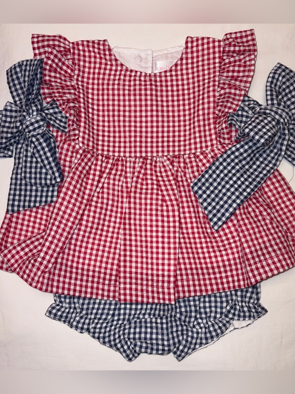 Cecil and Lou fully lined red/navy Seersucker Diaper Set sz 9 months NWT